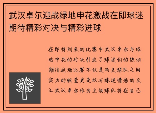 武汉卓尔迎战绿地申花激战在即球迷期待精彩对决与精彩进球